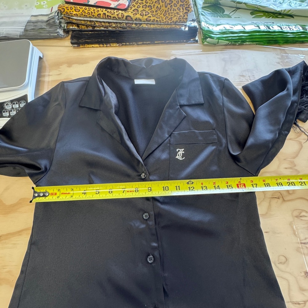 Juicy Couture Black Satin Feather Trim Pajama Top Rhinestone JC Logo Mens Small - Picture 9 of 12